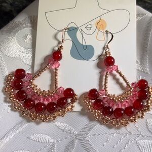 Handmade Red and Pink Beaded Dangle Earrings 2.5 inches
